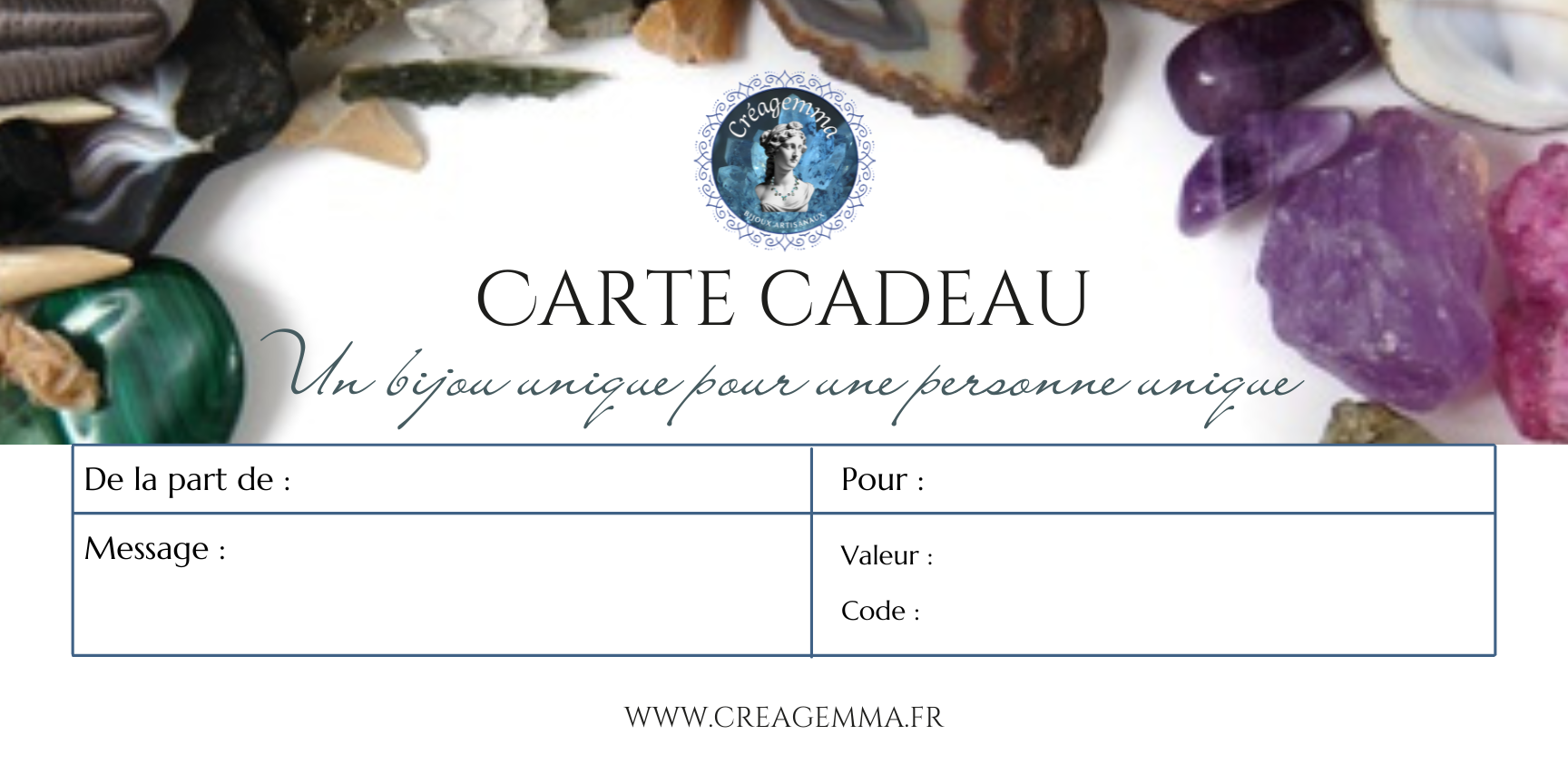 La bijouterie française Créagemma vous propose ses cartes cadeaux personnalisables. 