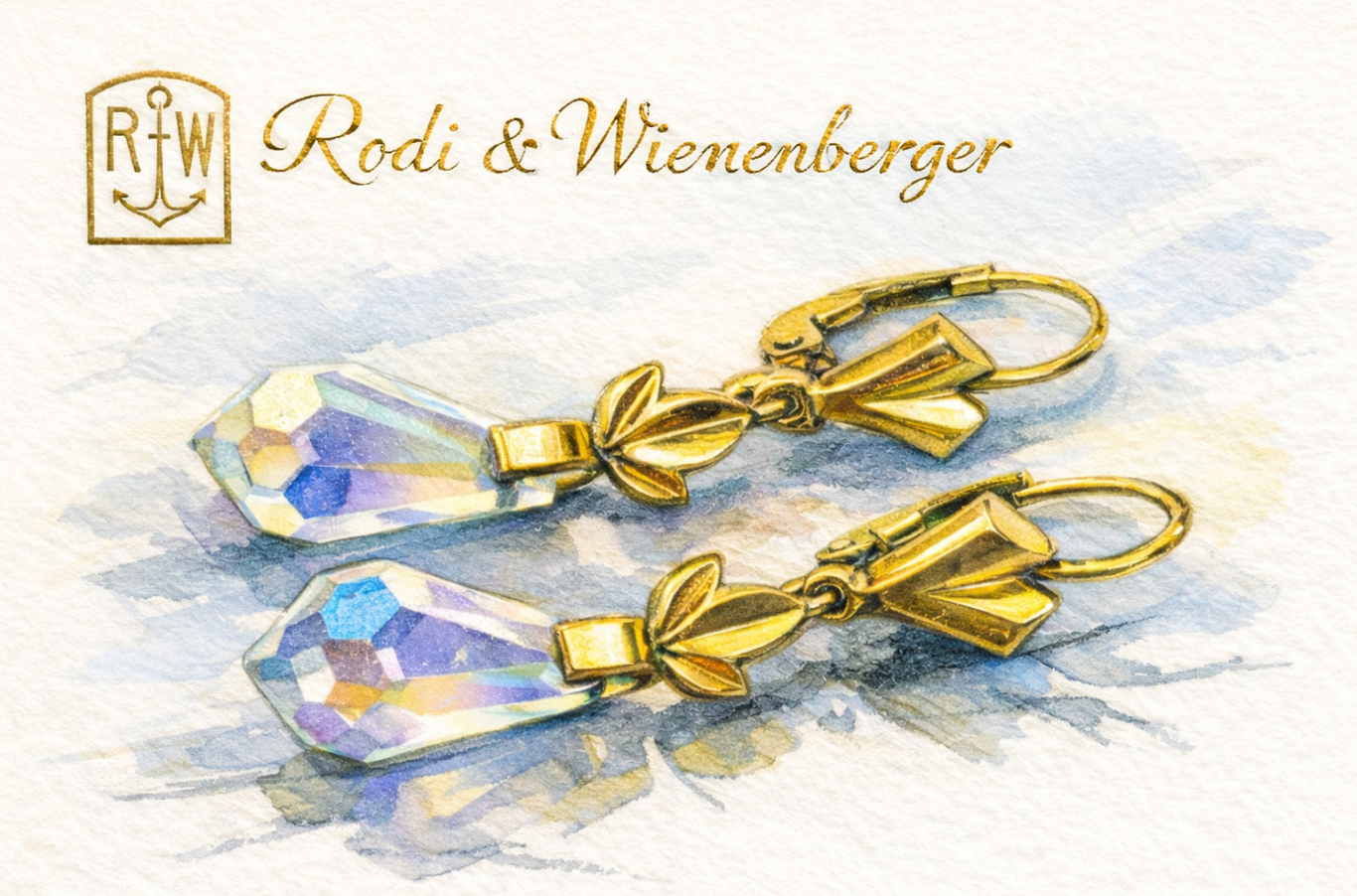 Boucles d'oreilles d'origine de Rodi & Wienenberger Aquarelle d'un modèle d'une paire de dormeuses originale de Rodi & Wienenberger